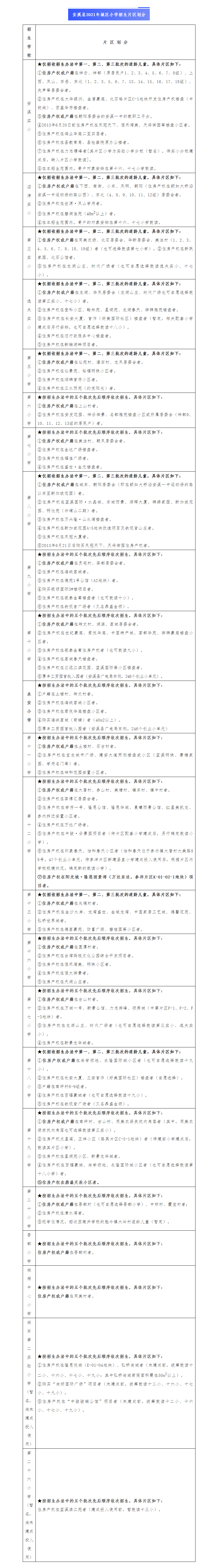 安溪2021年秋季城区小学一年级招生方案