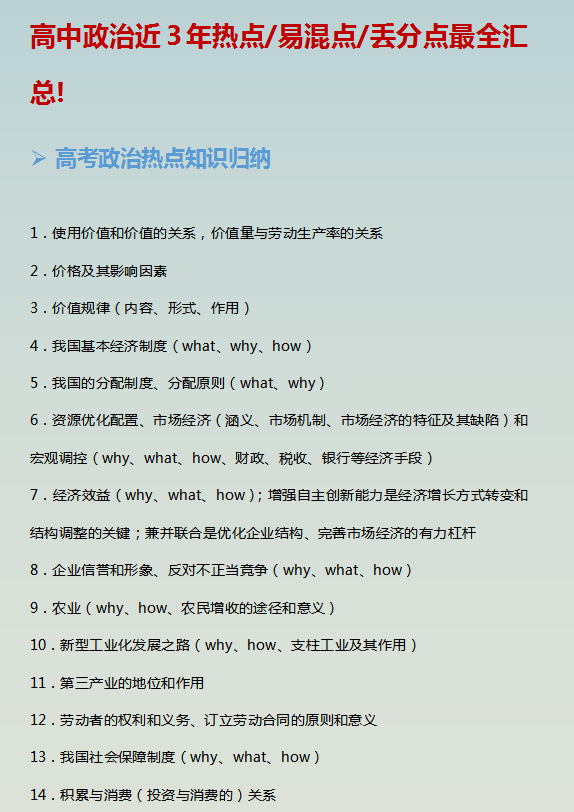 干货|
政治: 近3年高考热点归纳, 易混点、易丢分点总结, 收藏