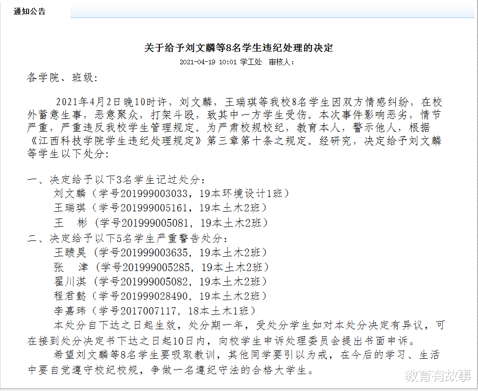 江西8名大学生校外聚众斗殴, 被通报处分, 原因让人觉得很幼稚