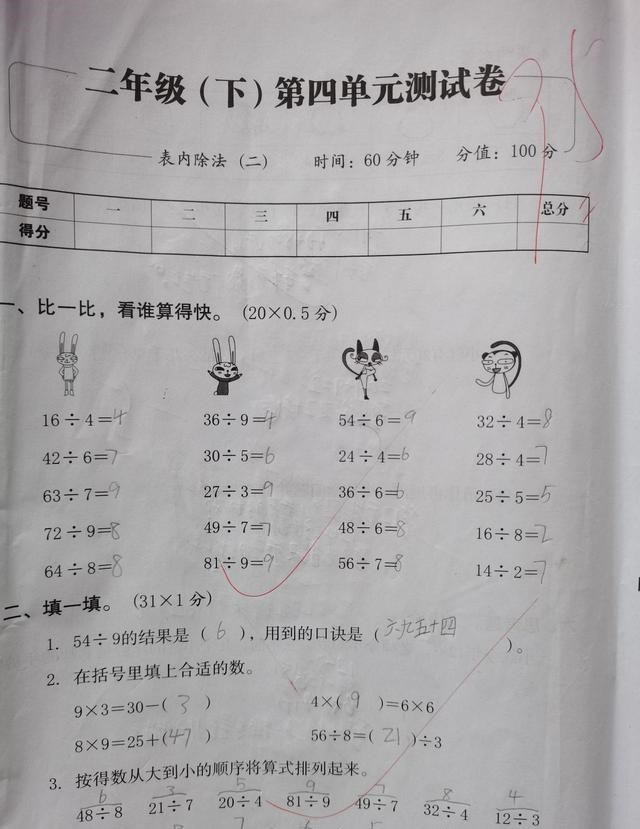 二年级下数学第四单元测试卷, 无缘100分, 漏个小括号? 粗心大忌!