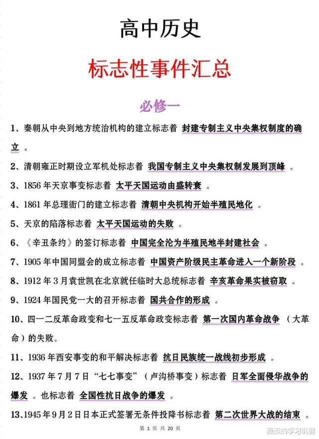 高考速记: 高中历史, 20页标志性事件汇总, 超快的复习效率