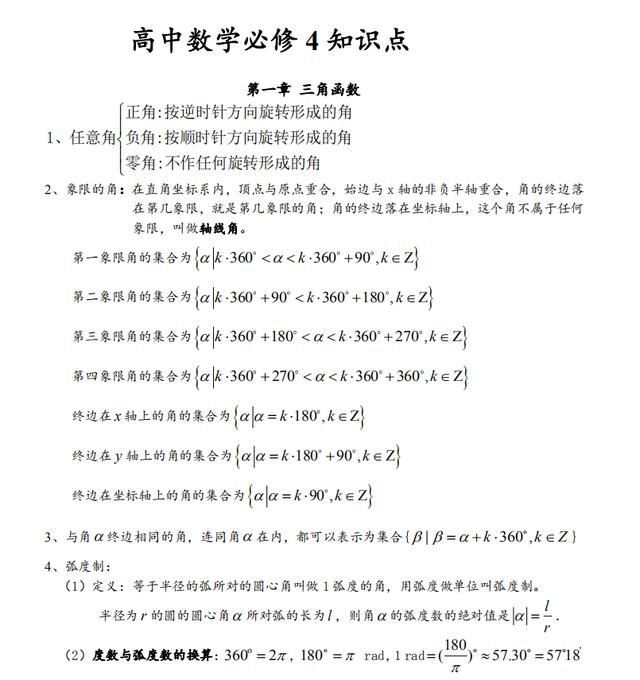 高中数学必修四知识点汇总, 高考复习必备, 建议打印收藏