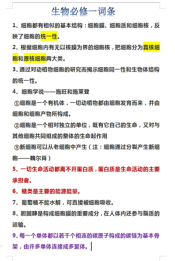 生物学习的重点! 
生物必修1-3重点考点词条, 复习专用