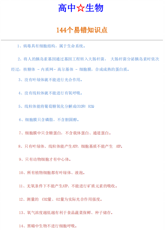 高中生物: 144条易错知识点整理! 排雷避坑, 一份资料全概括