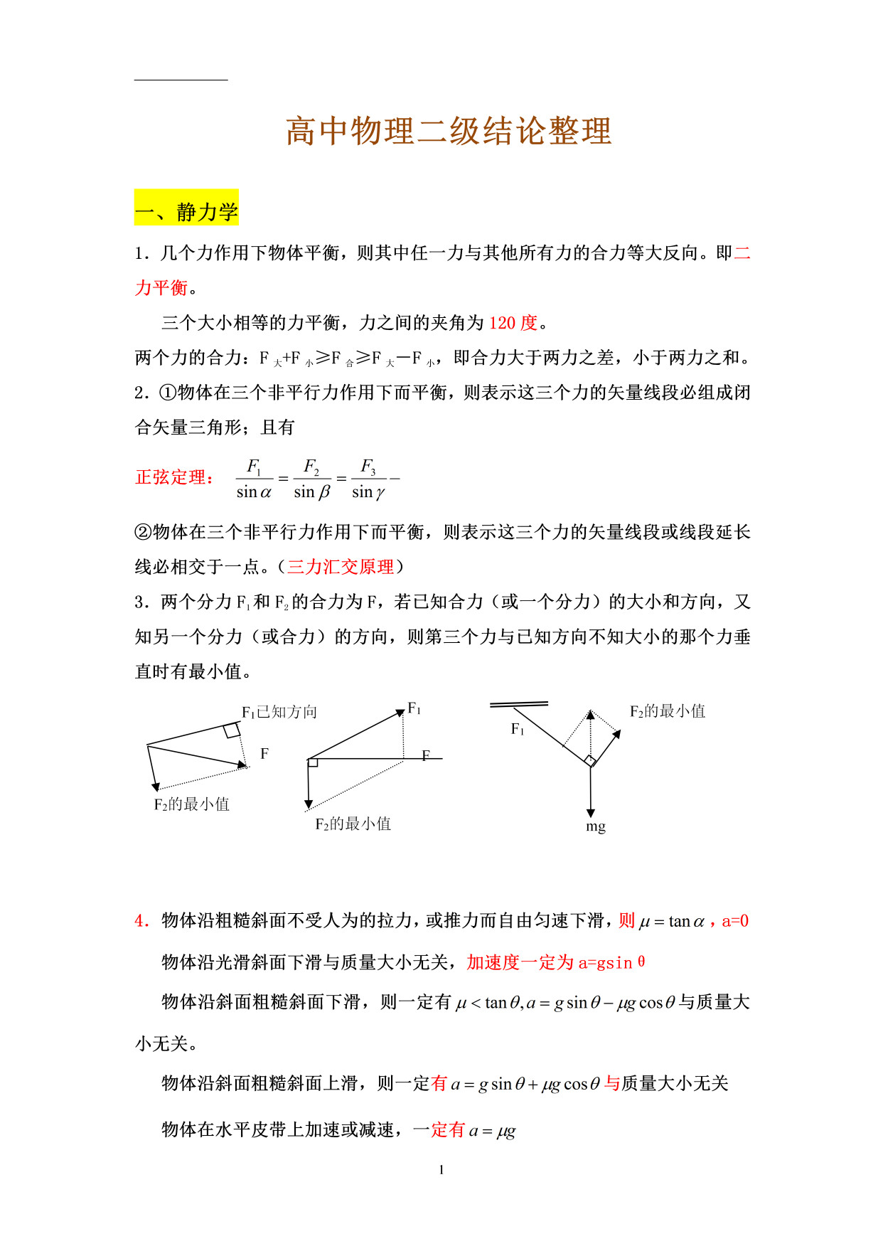 高中物理二级结论大汇总, 选择填空直接运用, 省去一半答题时间