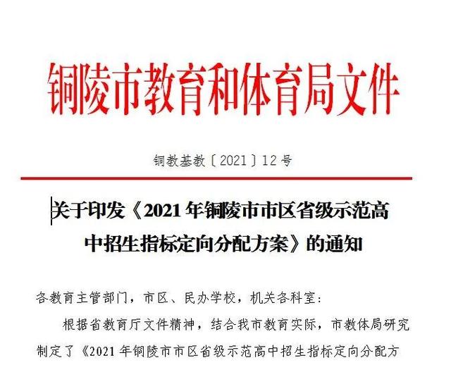 2021年铜陵市市区省级示范高中招生定向指标划定