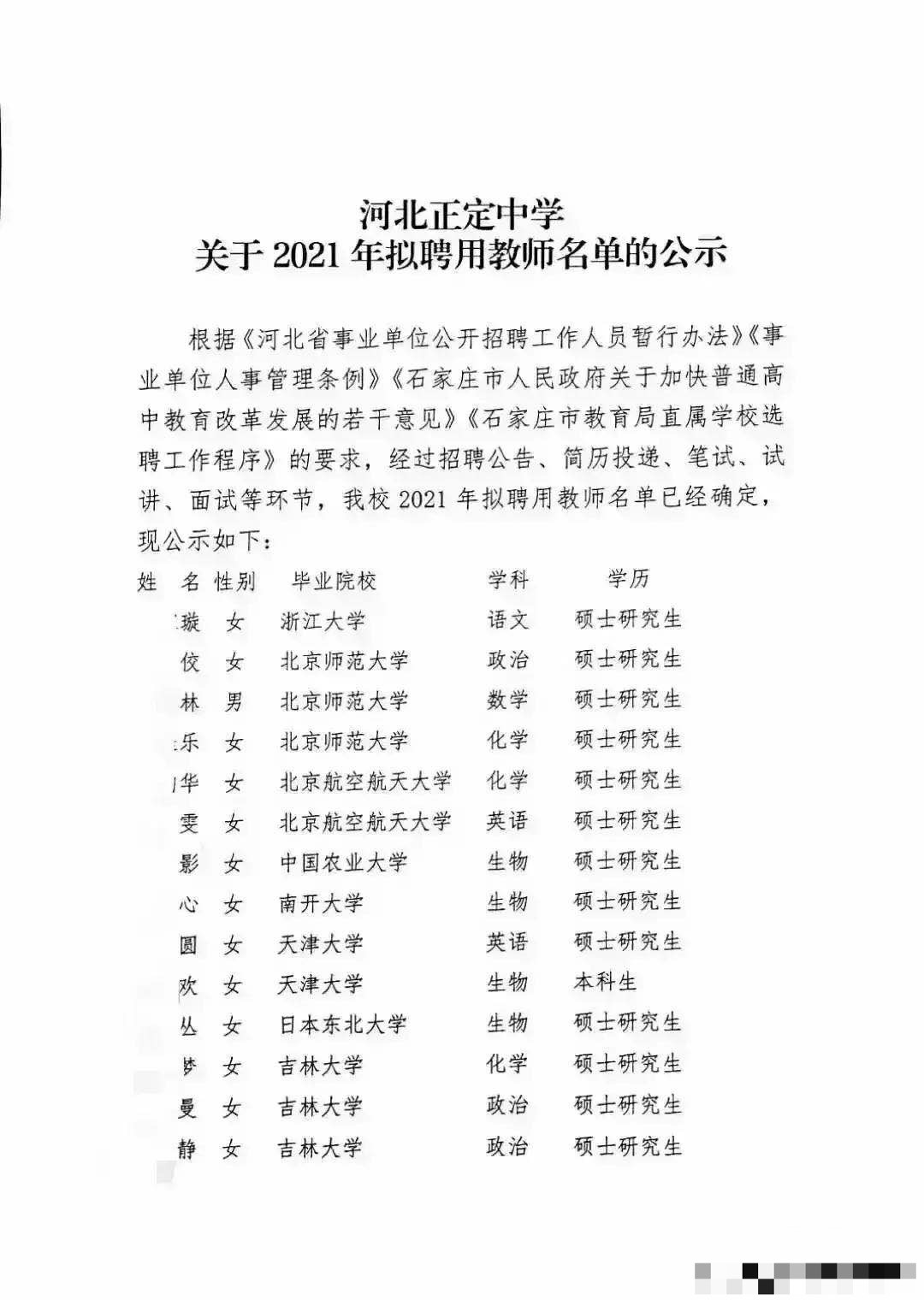 正定中学聘用的14位教师: 只有三位是师大毕业, 仅一位男老师, 仅一位本科生