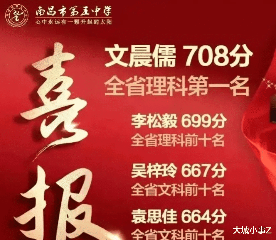 南昌五中今年风光无限, 文晨儒以708分高分夺得全省理科第一名!