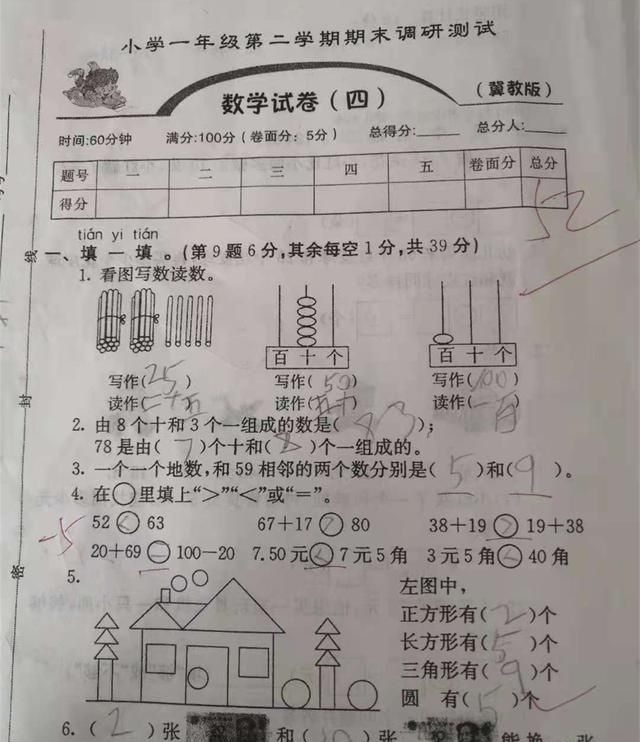 一年级下数学期末试卷,学生仅仅考了52分,数学老师分析主要原因