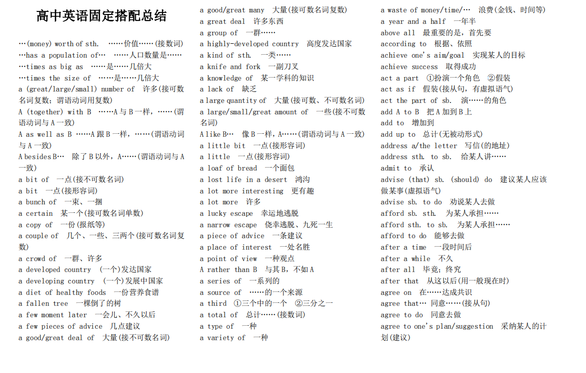 我整理了: 
英语词组、固定搭配大总结(超详细)家长转给孩子