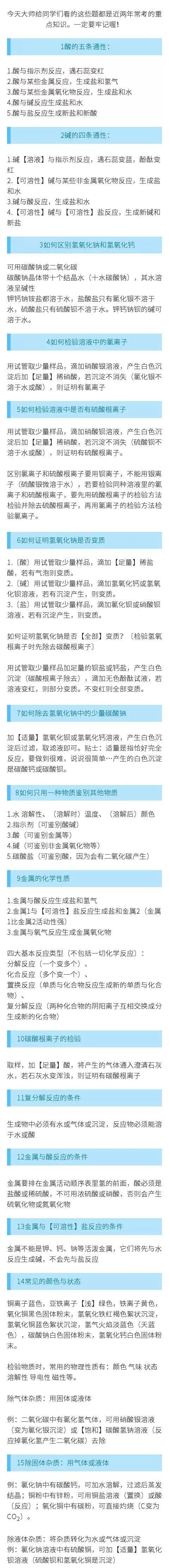 一张图包含了近两年考试常考的初中化学重点知识!