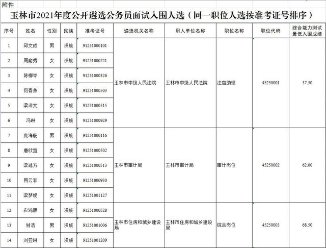 玉林市2021年度公开遴选公务员面试资格审查通告