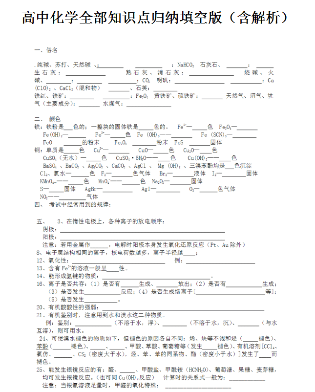 熬了三天, 把高中化学最基础的知识点, 整理成216个必背填空题, 含解析