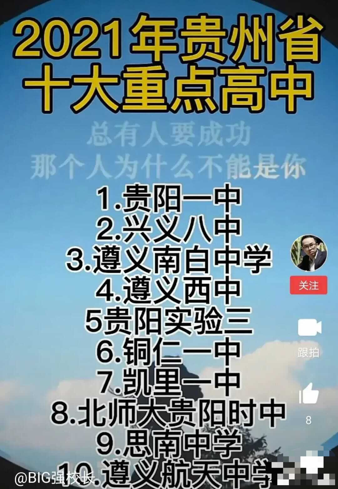 贵州十大重点高中: 贵阳一中第一, 兴义八中第二, 遵义航天中学垫底