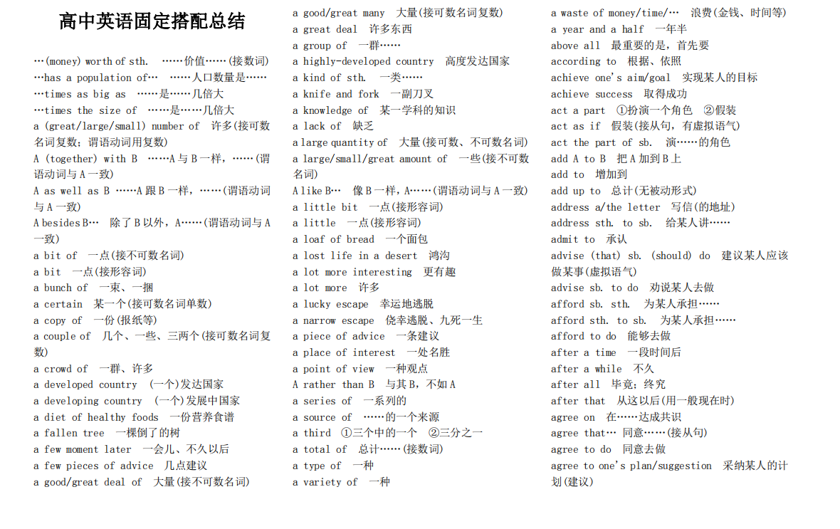 可打印: 高中英语词组、固定搭配大总结汇总(超详细)转给孩子