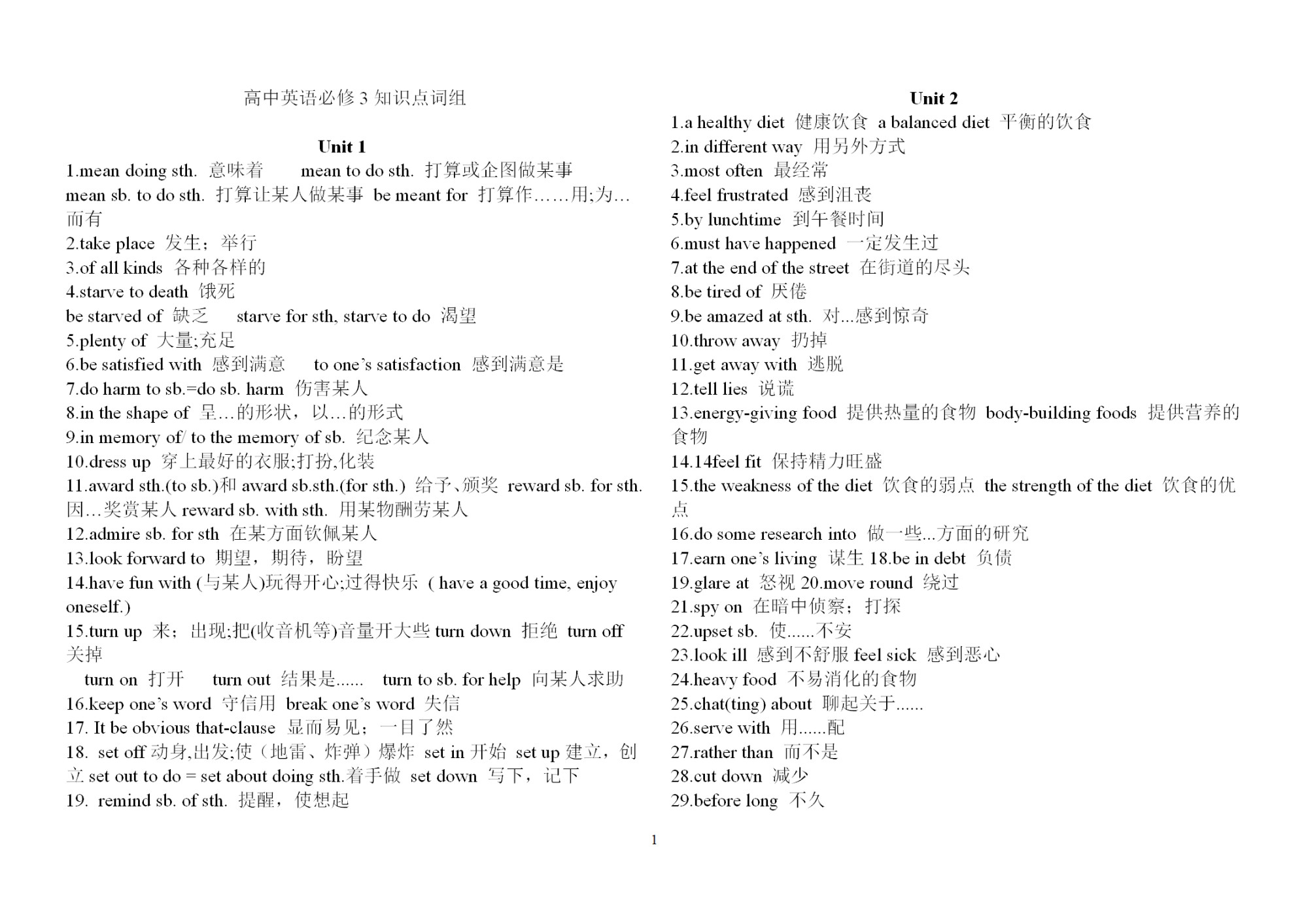 高考英语一轮复习: 必修3重难点、考点、句型、词汇、短语、语法