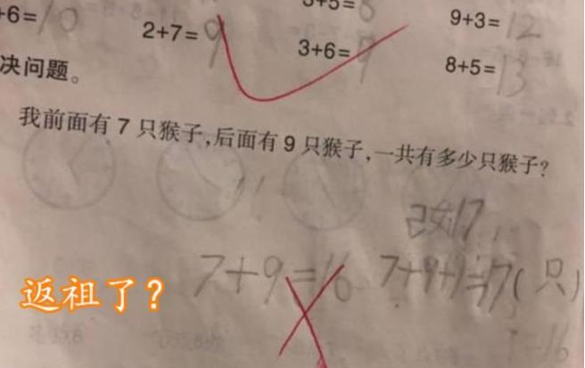 我前面7只猴后面9只猴, 一共几只猴? 老师的解释家长不能理解