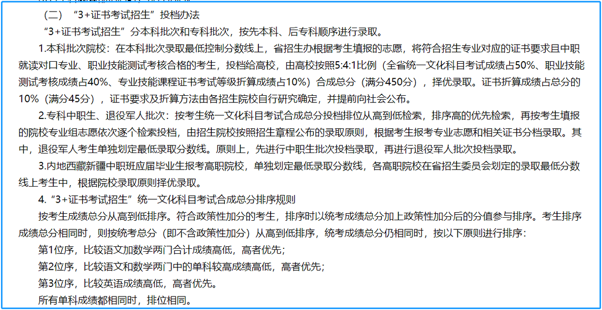 当3+证书高职高考考生分数相同, 是怎么排名的? 优先投档录取谁