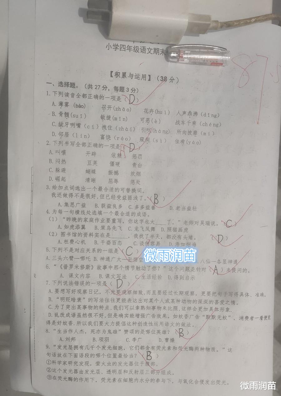 四年级学生成绩87.5分，字迹如同印刷体，失分的地方本不该错