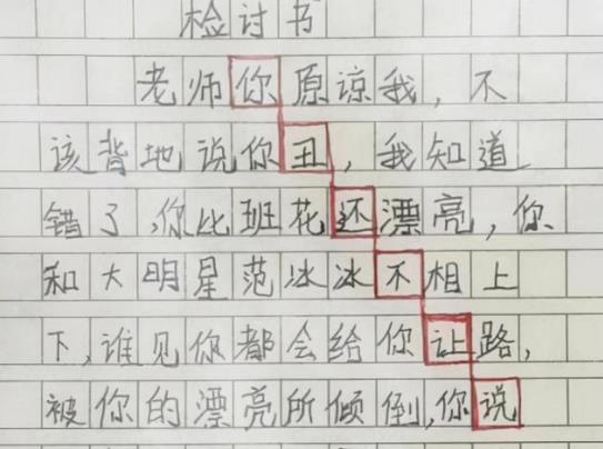 “老师你真丑”! 小学生检讨走红网络, 老师看完脸都黑了