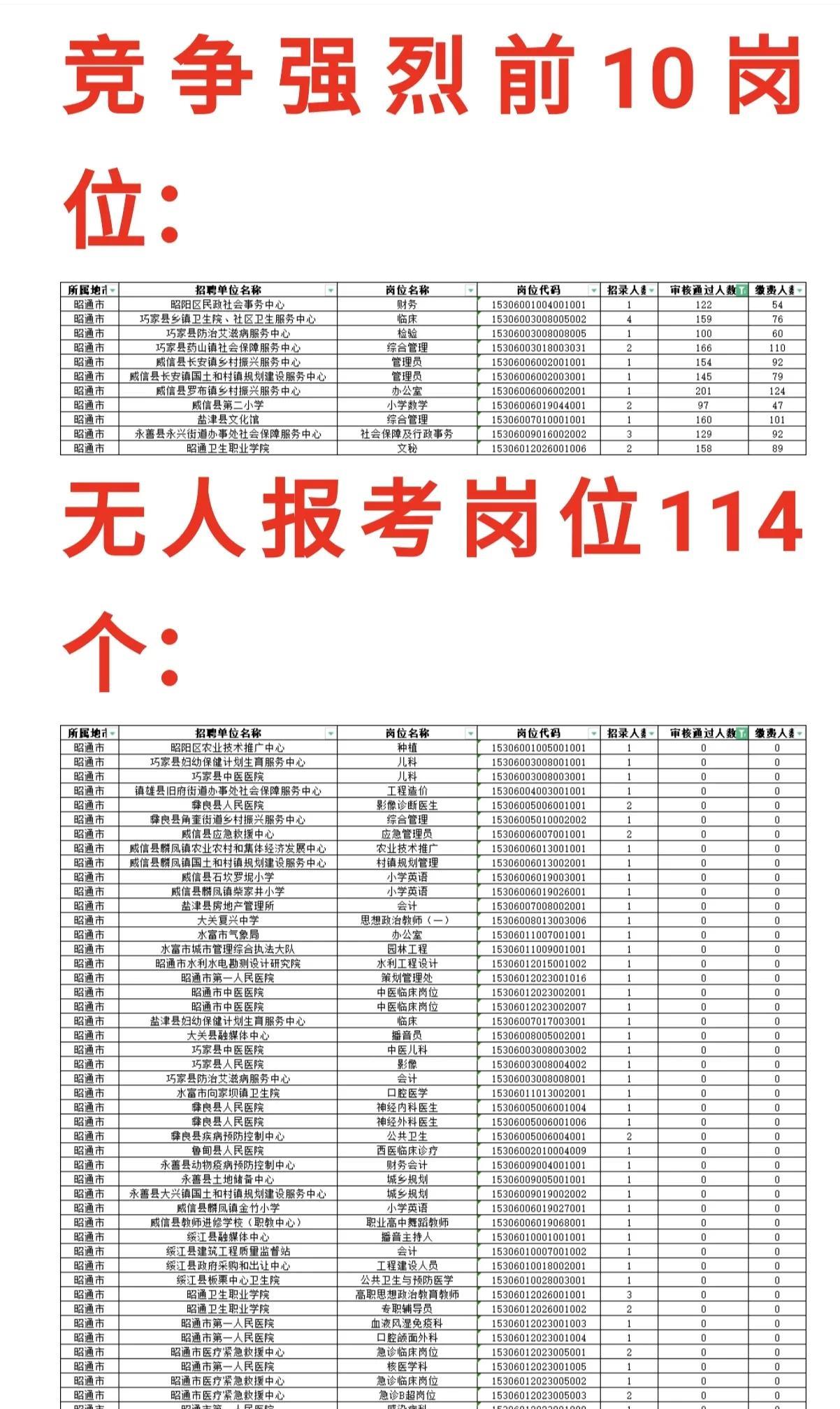 云南昭通事业单位招聘考试, 一个岗位201人报考114个岗位无人问津