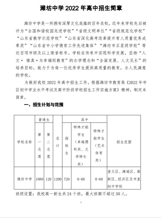 潍坊中学 2022 年高中招生简章