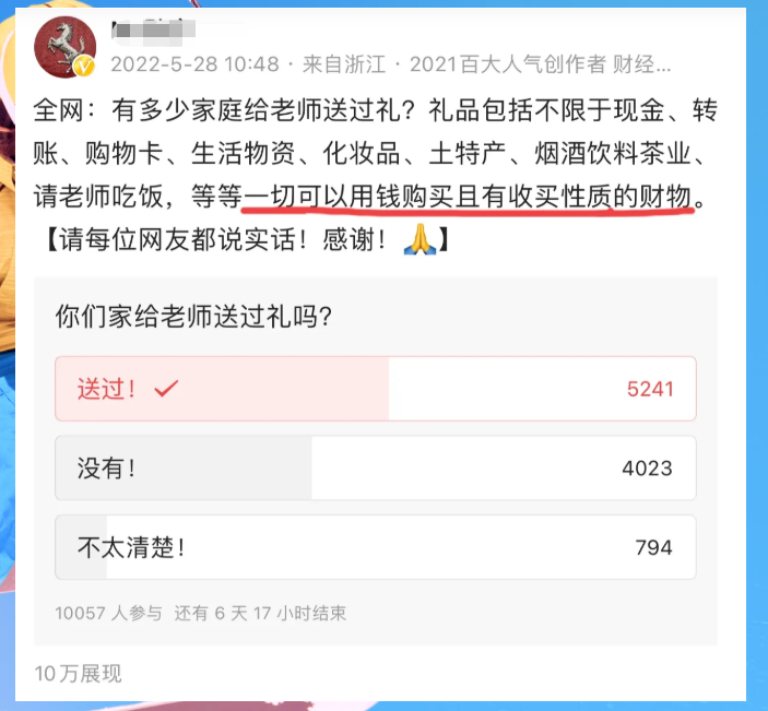 万人调查, 超一半人给老师送过礼! 有大V做个调查结果令人深思