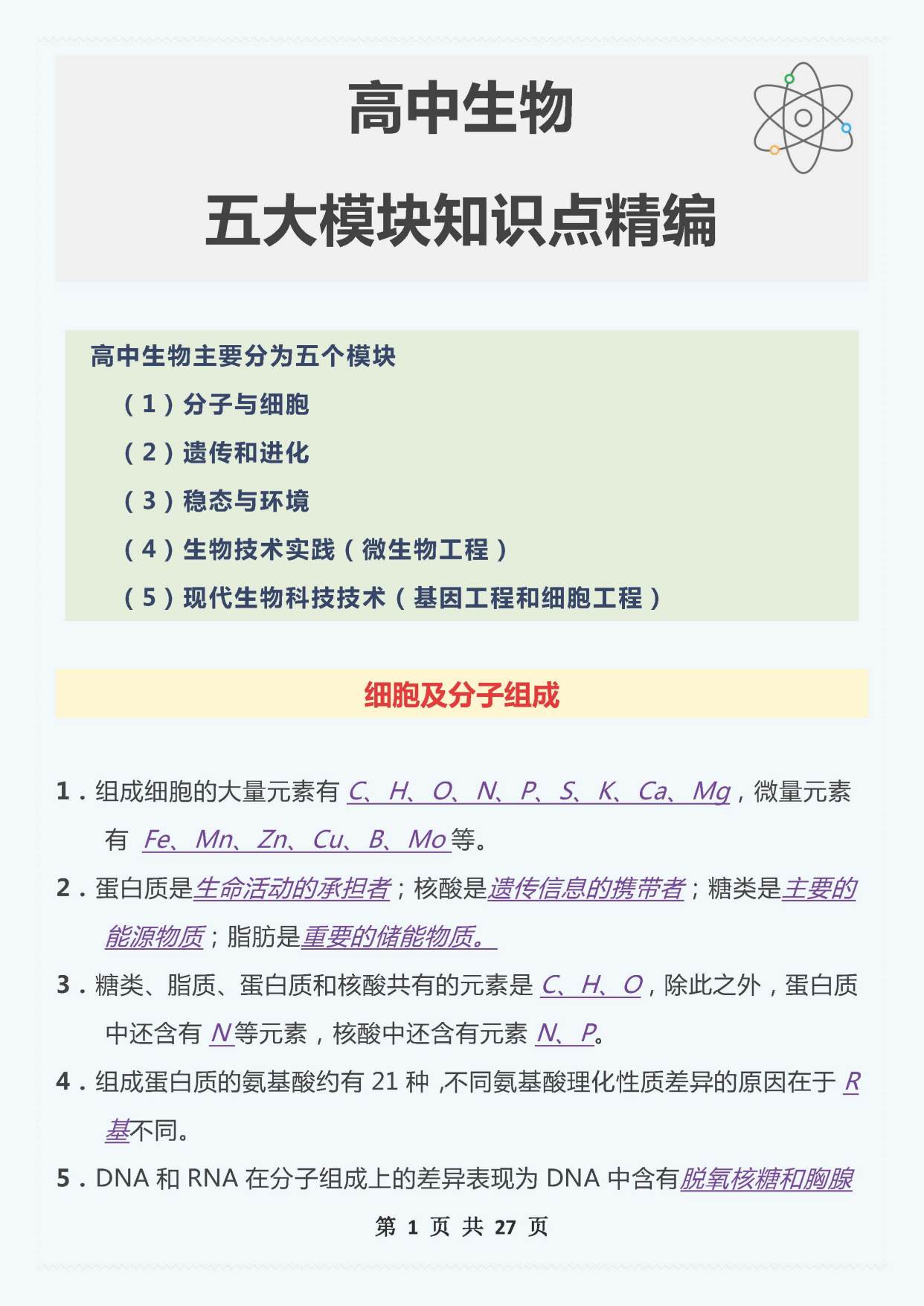 高中生物提分没有捷径, 但有快车道! 五大模块知识点精编带你超车