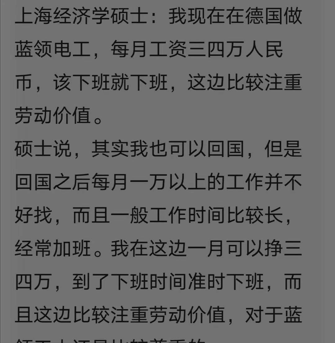 上海经济学硕士: 我在德国做电工, 每月三四万人民币, 不想回国。