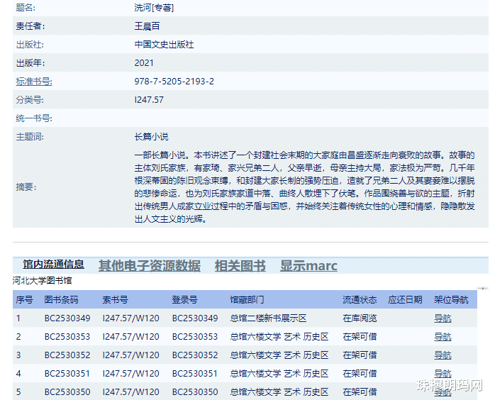 文学图书《洗河》已由河北大学图书馆馆藏