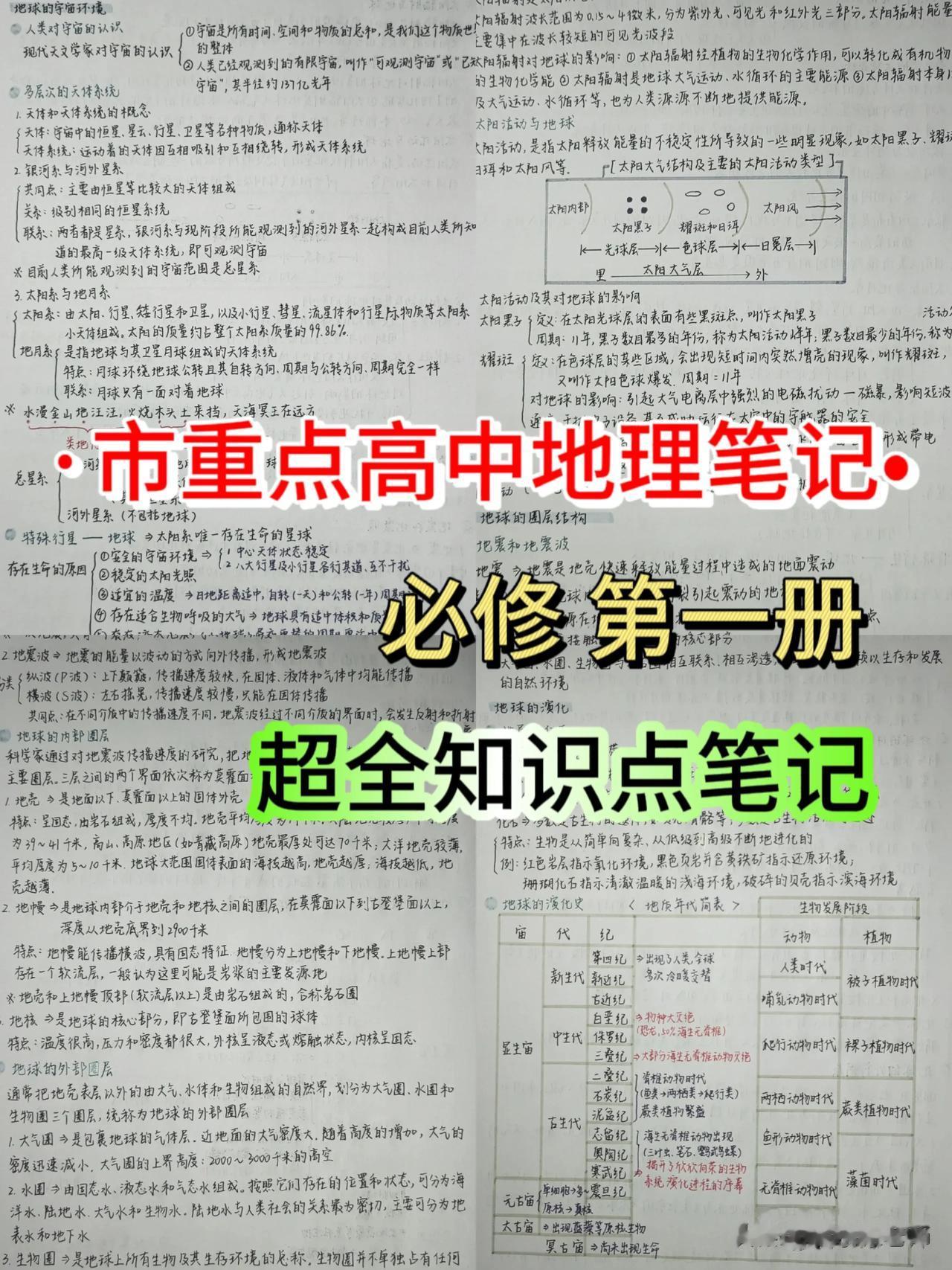 准高一地理，各单元重点手写笔记，资料非常齐全，市重点高中学霸笔记，试卷中必出重点