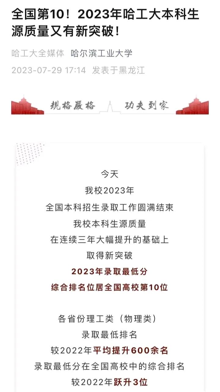 巨大飞跃！哈工大在2023年的高考中取得了引人瞩目的成就！全国第10名！哈