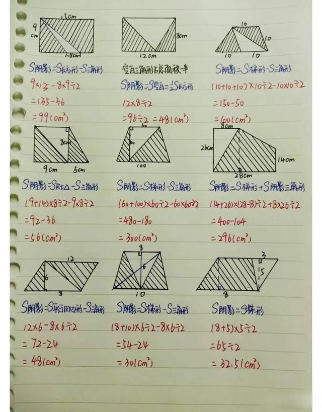 天呐，这位老师真用心了，将小升初87种几何阴影求部分面积的公式全手写出来了，并且