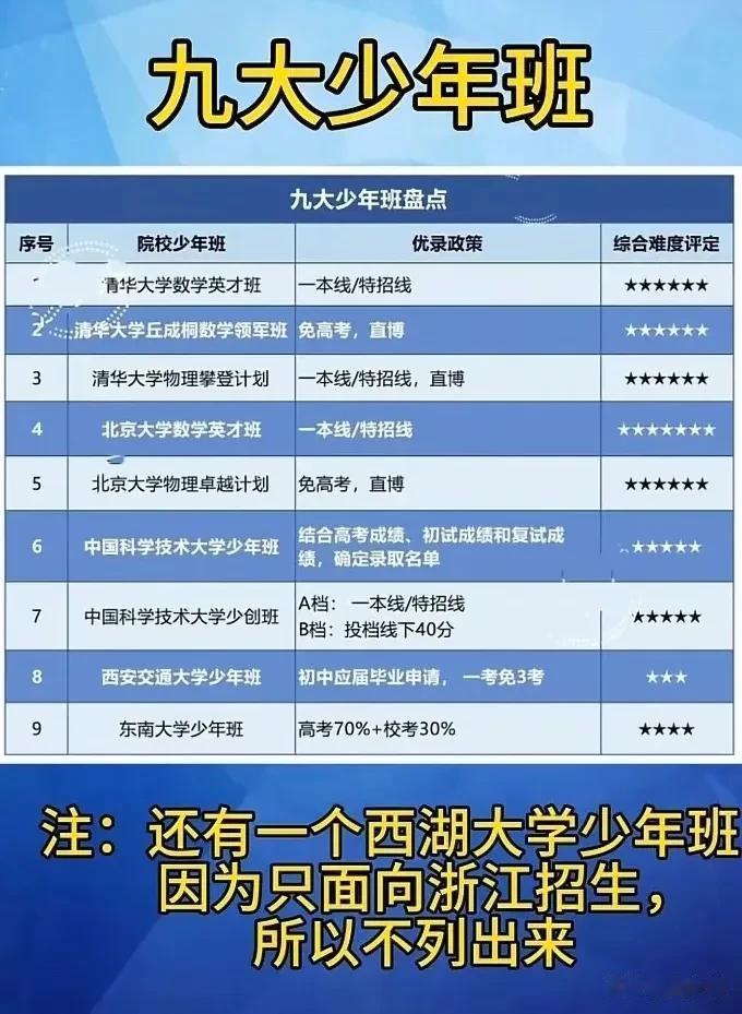 天呐！终于有人将九大少年班讲明白了，并且还制成了一张表，什么名称、优录政策和综合