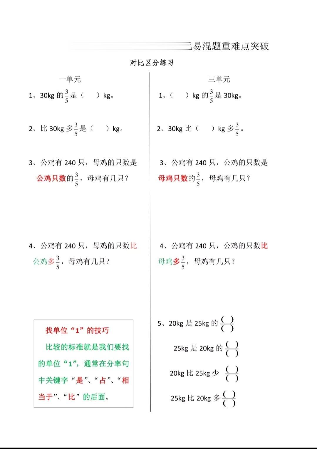 六年级上册数学分数乘除法易混重点难点突破对比练习