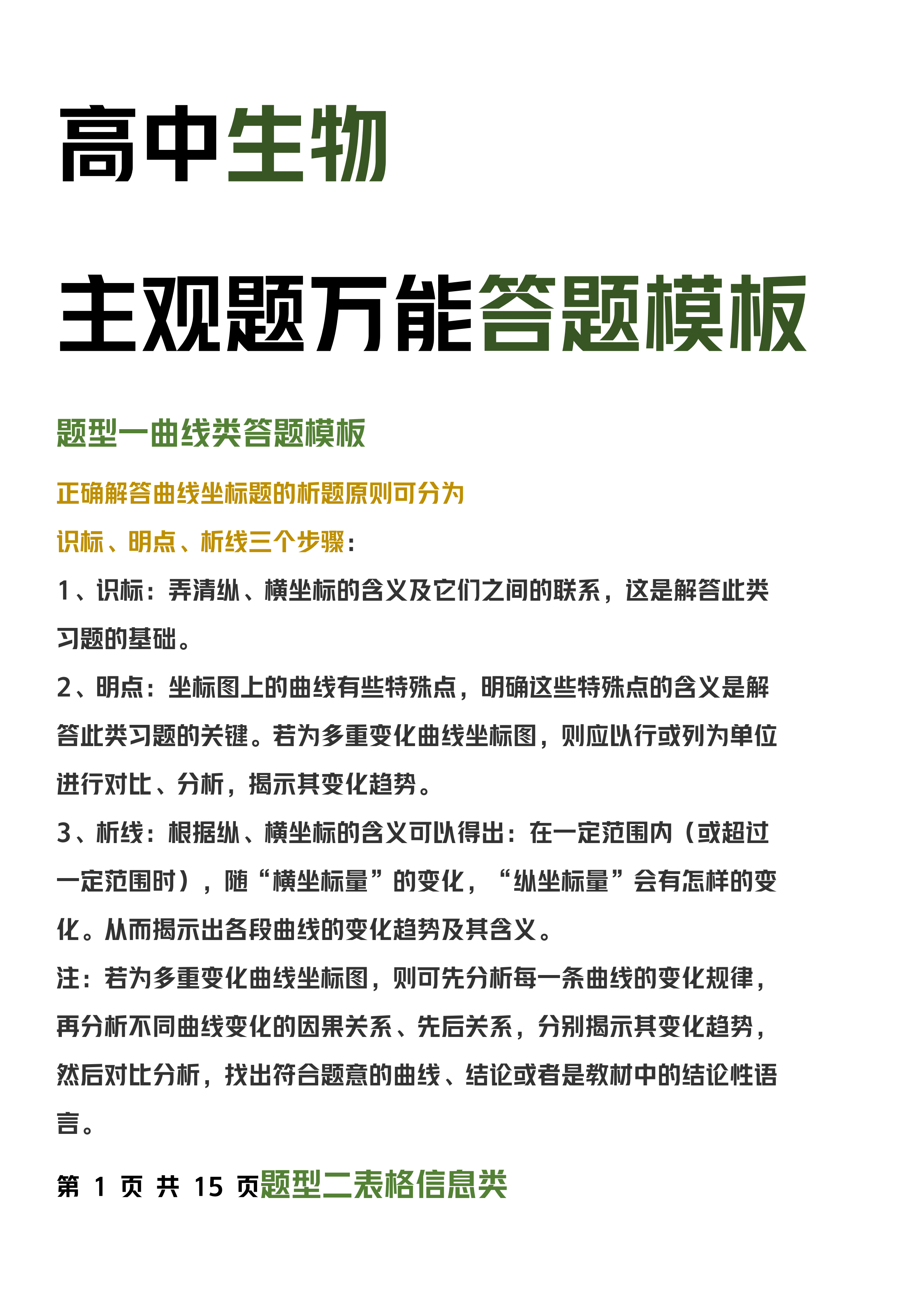 资深教师: 我将高中生物主观答题模板, 提炼出14页笔记, 建议打印