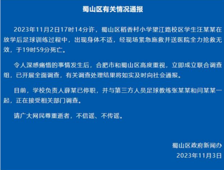 被体罚跑七圈致死, 安徽合肥一小学生校内死亡