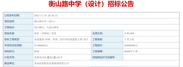 60班制! 西海岸衡山路中学项目启动设计招标