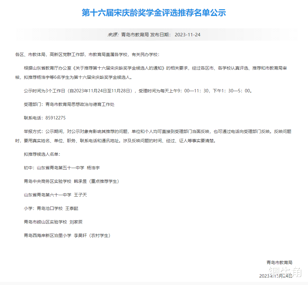 6名同学入选! 青岛市公示第16届宋庆龄奖学金候选人名单