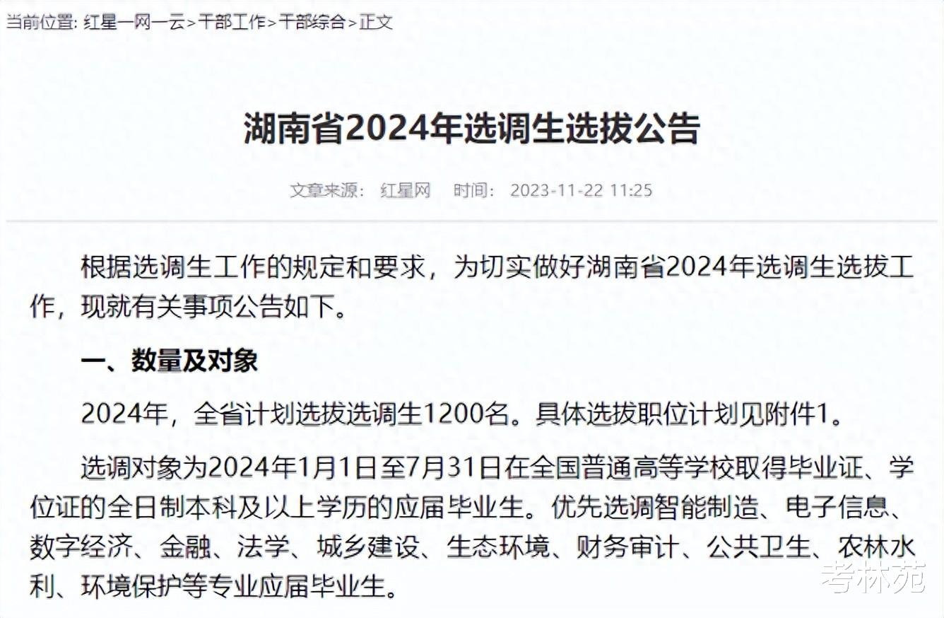 湖南2024年招选调生1200名, 大幅扩招50%, “双非”本科生也能考