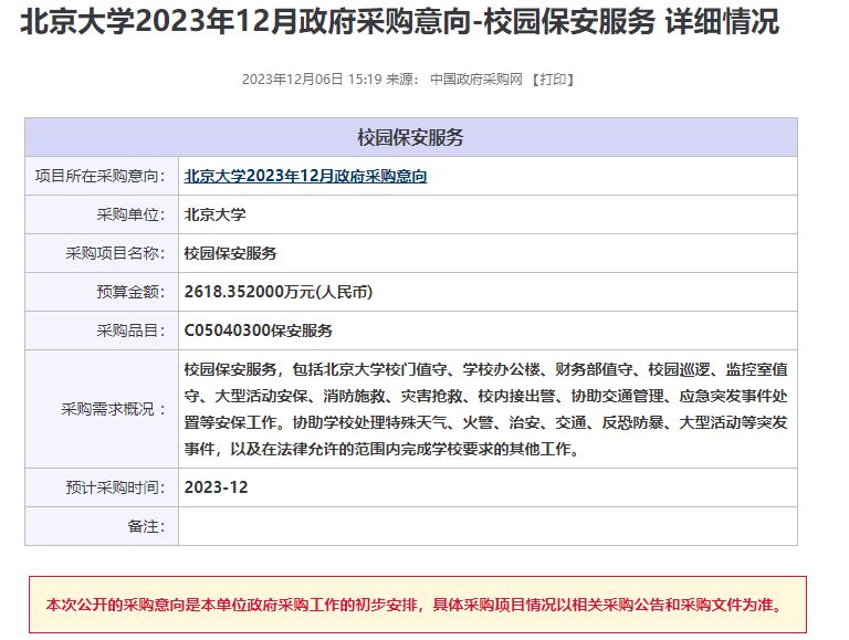 北京大学计划投入2618万元采购校园保安服务