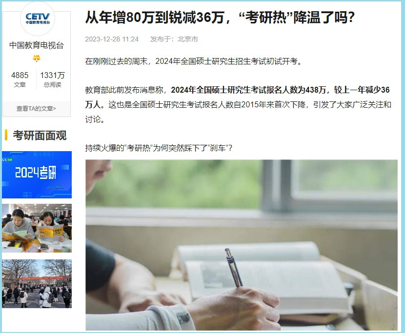 人人考研太疯狂, 研究生降温才正常, 2024年考研报名人数狂降36万, 是本科毕业生的理性回归