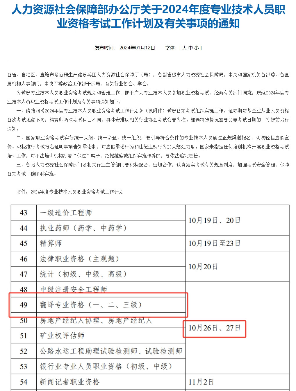 2024年度CATTI1—3级考试计划发布