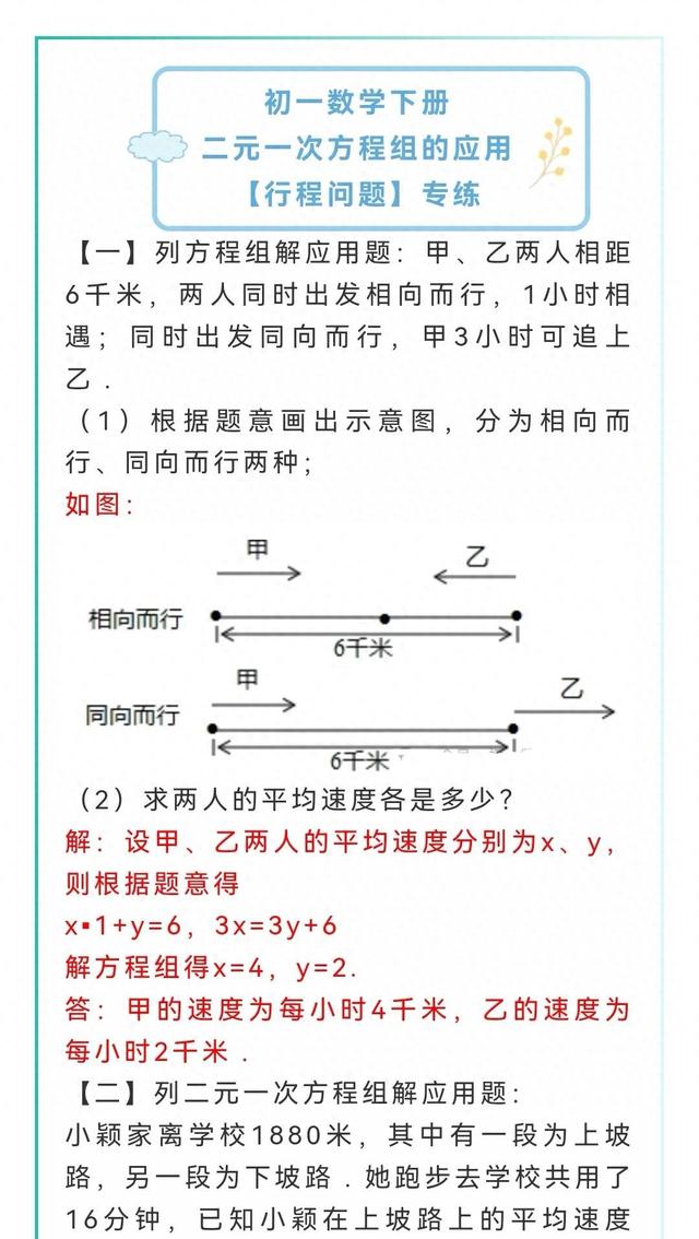 初一数学下册 | 必会题型: 二元一次方程组的应用【行程问题】专练