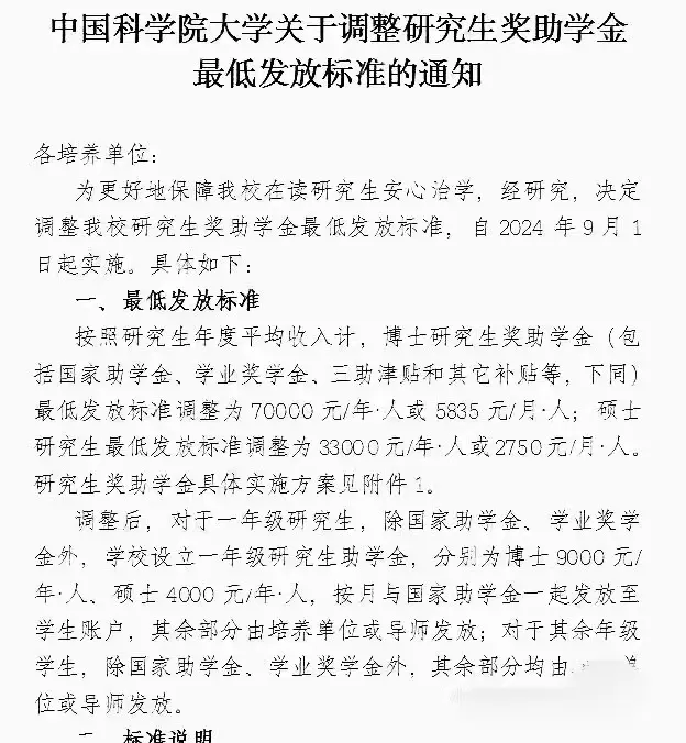 中国科学院大学调整研究生奖助学金标准, 博士每年7万, 硕士每年3.3万!