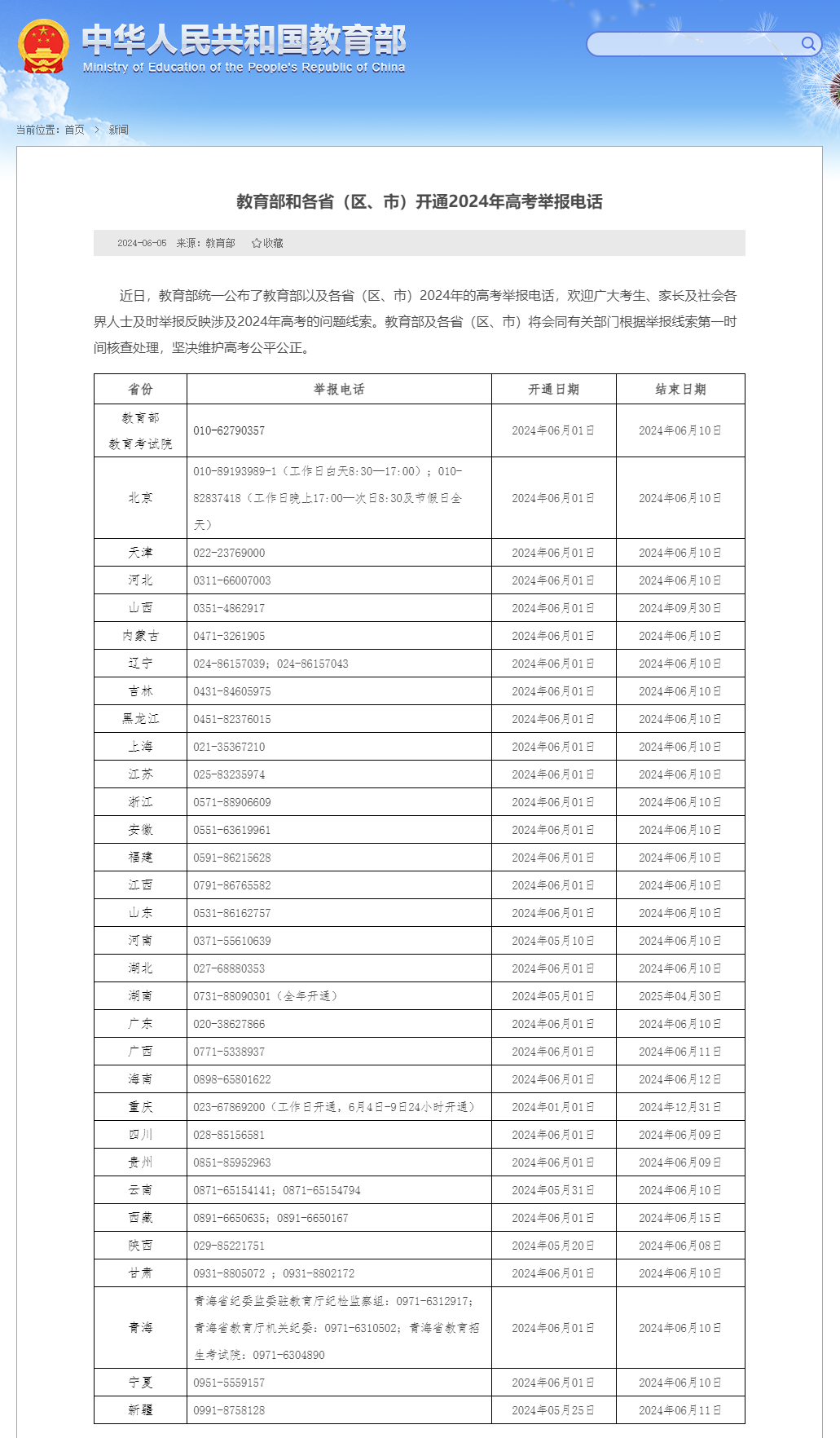 各省(区、市)开通2024年高考举报电话