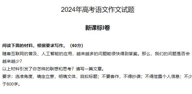 2024高考作文出炉! 看ChatGPT 4.0、文心一言、讯飞星火、Kimi AI怎么写?